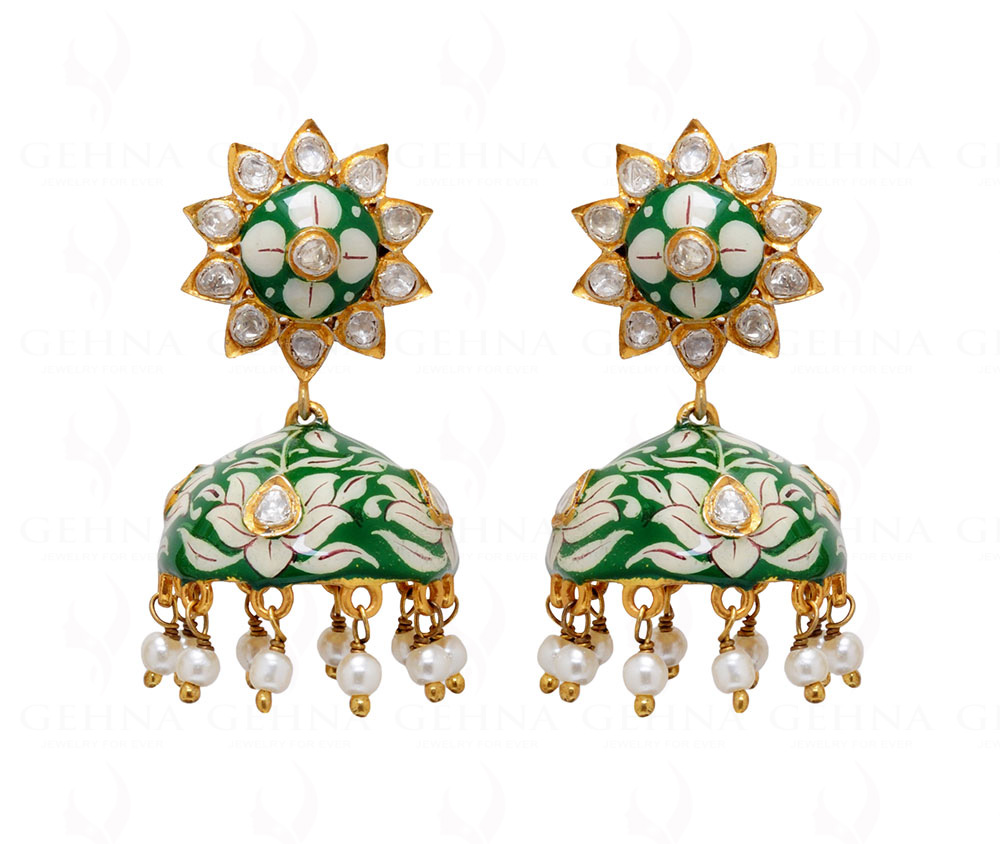 Pearl Knotted 925 Solid Silver Earrings With White & Green Enamel Work Se031010