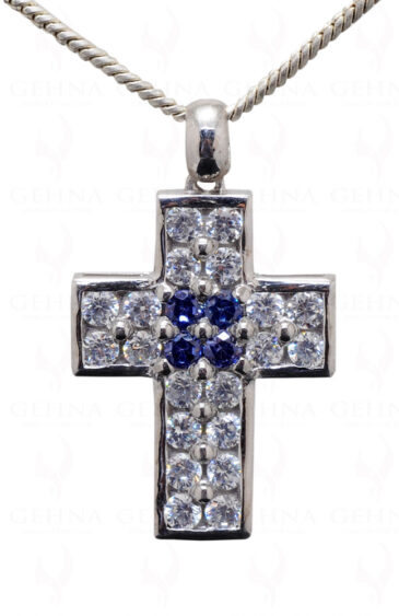 White & Blue Topaz Diamond Cut Gemstone Studded 925 Silver Pendant Sp011010