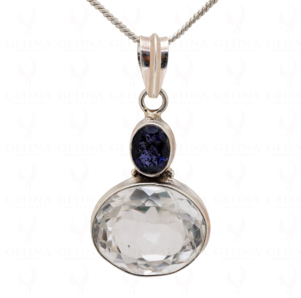 Iolite & Rock-Crystal Gemstone Studded 925 Sterling Silver Pendant Sp031010