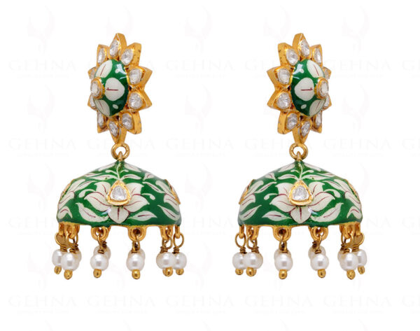 Pearl Knotted 925 Solid Silver Earrings With White & Green Enamel Work Se031010