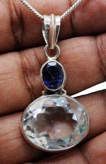 Iolite & Rock-Crystal Gemstone Studded 925 Sterling Silver Pendant Sp031010