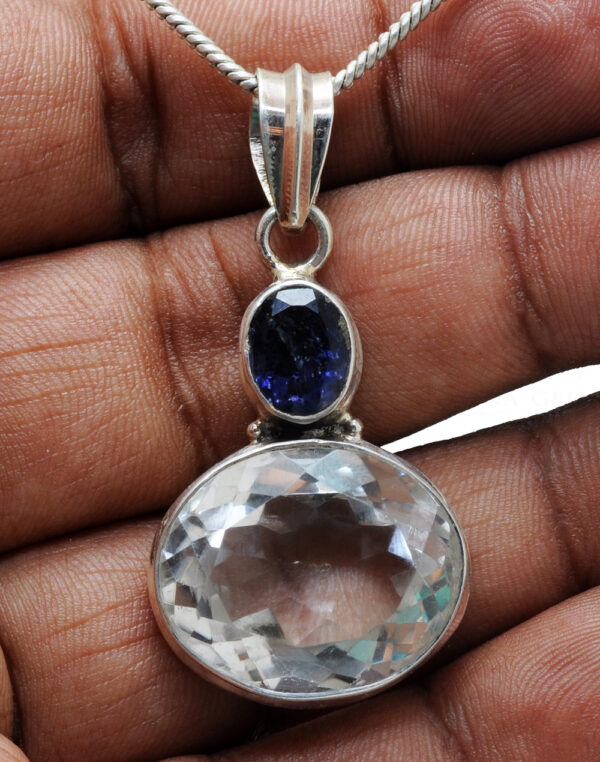 Iolite & Rock-Crystal Gemstone Studded 925 Sterling Silver Pendant Sp031010