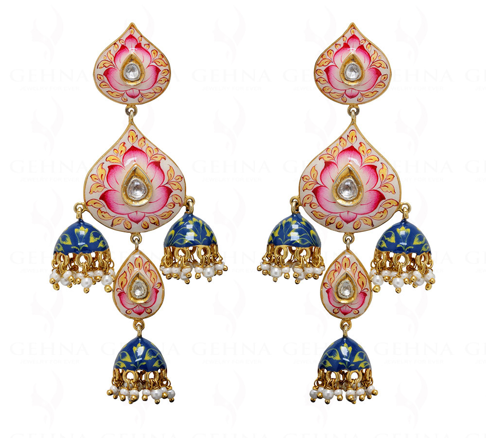 Pearl Sapphire Studded 925 Silver Earrings With Multicolor Enamel Work Se031011