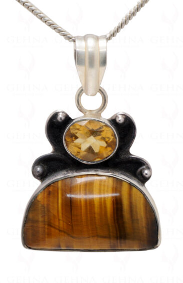 Citrine & Tiger Eye Gemstone Studded 925 Sterling Silver Pendant Sp031011