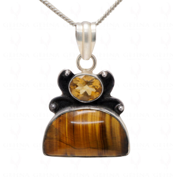 Citrine & Tiger Eye Gemstone Studded 925 Sterling Silver Pendant Sp031011