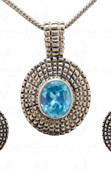 Blue Topaz Gemstone Studded 925 Sterling Silver Pendant & Earring Set SP04-1011