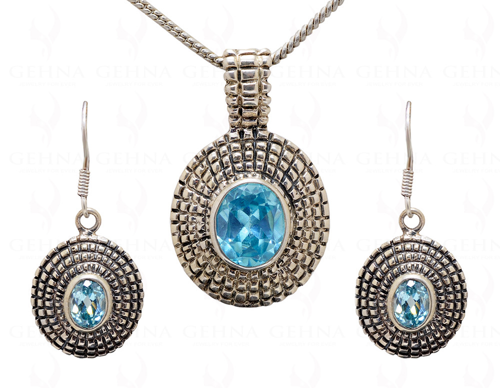 Blue Topaz Gemstone Studded 925 Sterling Silver Pendant & Earring Set SP04-1011