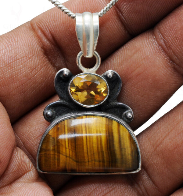 Citrine & Tiger Eye Gemstone Studded 925 Sterling Silver Pendant Sp031011