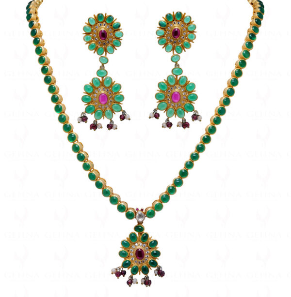Pearl, Ruby, Emerald & Topaz Gemstone Necklace & Earring Set .925 Silver SN-1012