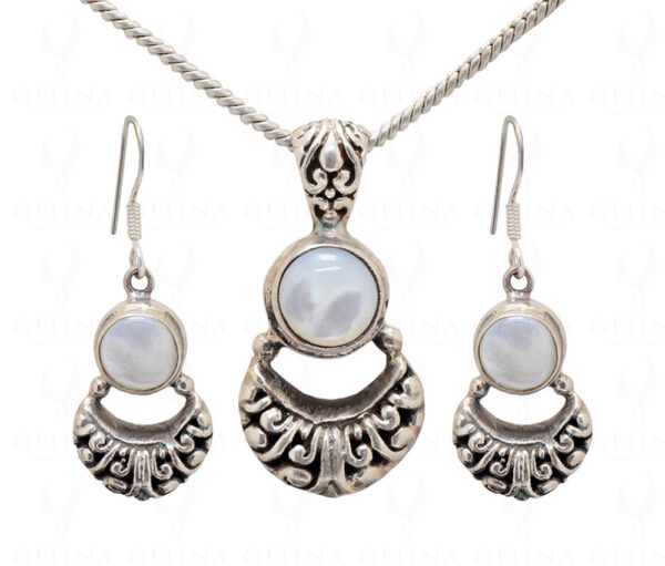 White Moonstone Studded 925 Sterling Silver Pendant & Earring Set SP04-1012