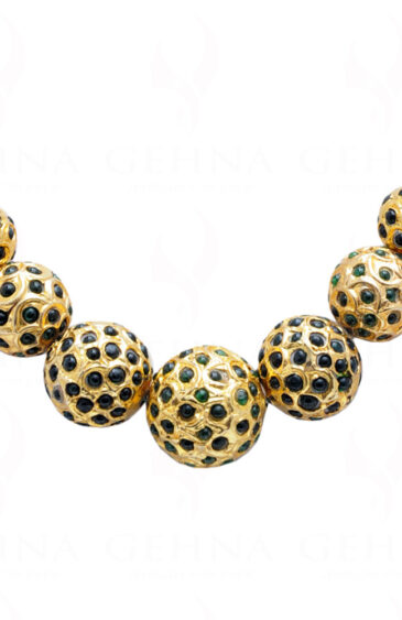 Emerald Stone Studded Jadau Bead Necklace & Earrings Set Ln011012