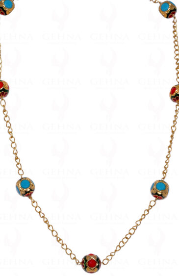 Coral & Turquoise Stone Studded Jadau Bead Necklace With Enamel Work Ln011013