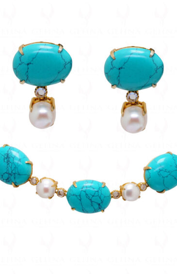 Pearl, Turquoise & Topaz Studded Necklace & Earring Set .925 Silver SN-1013