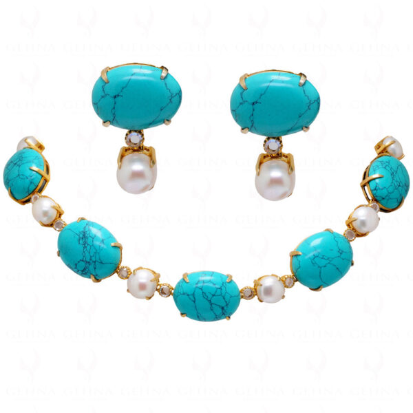 Pearl, Turquoise & Topaz Studded Necklace & Earring Set .925 Silver SN-1013