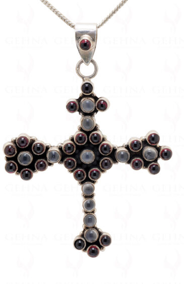 Red Garent & Moonstone Studded 925 Sterling Silver Cross Pendant Sp031014