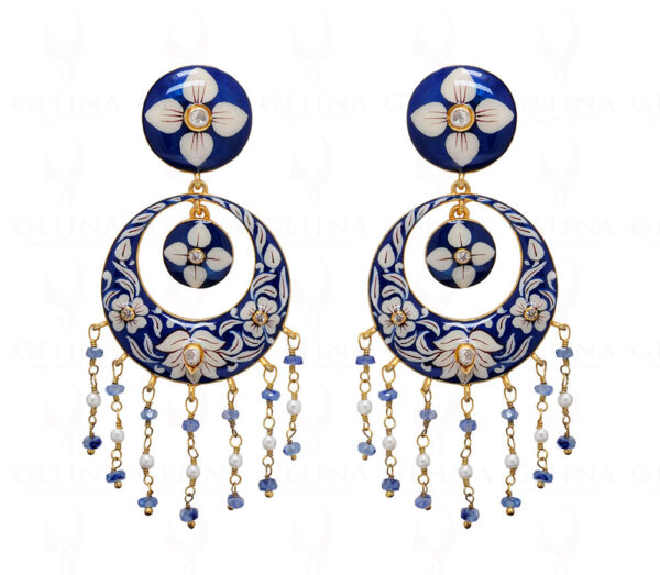 Sapphire & Pearl Knotted 925 Solid Silver Earrings With Enamel Work Se031015