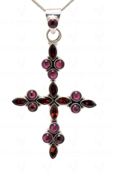 Red Garent Gemstone Studded 925 Sterling Silver Cross Pendant Sp031015