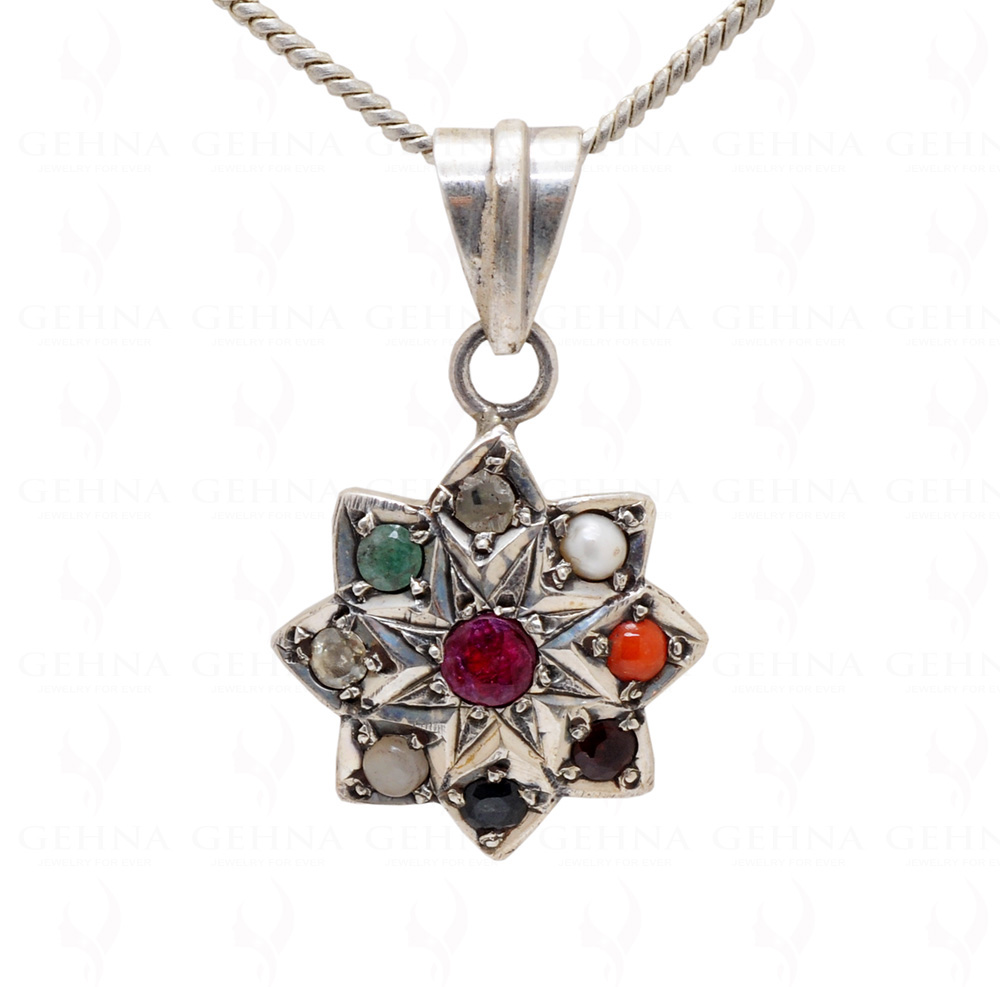 "Navratna" 9 Precious Gemstone Studded 925 Sterling Silver Pendant Sp011016