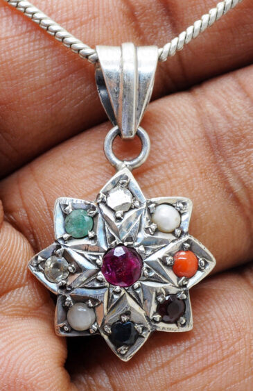 “Navratna” 9 Precious Gemstone Studded 925 Sterling Silver Pendant Sp011016
