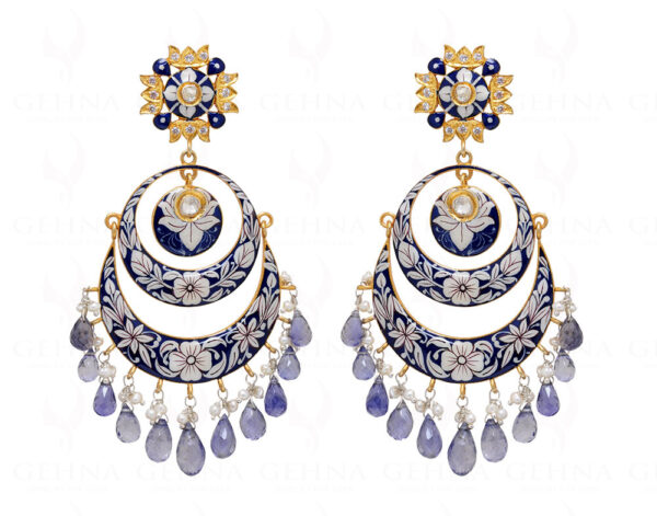 Pearl & Iolite Gemstone Enamel Work 925 Silver Chandelier Earrings  Se031017