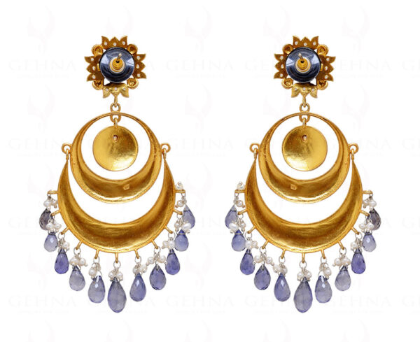 Pearl & Iolite Gemstone Enamel Work 925 Silver Chandelier Earrings  Se031017