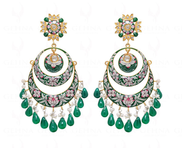 Pearl & Green Onyx Gemstone Enamel Work 925 Silver Chandelier Earrings Se031019