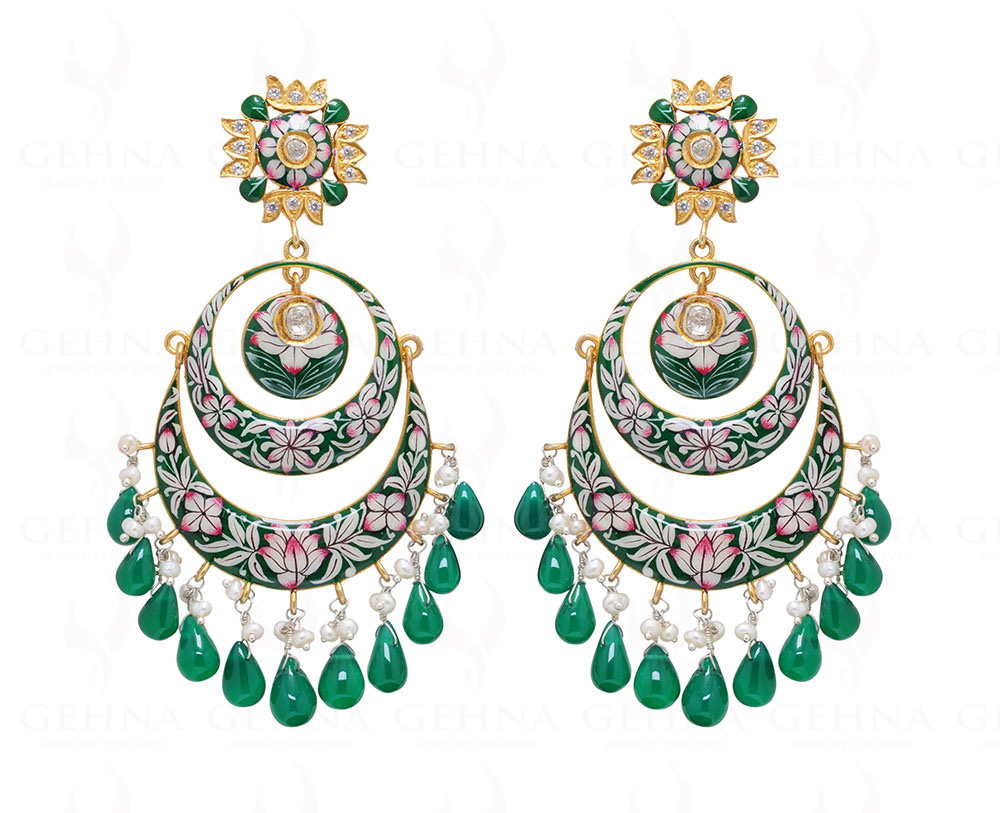 Pearl & Green Onyx Gemstone Enamel Work 925 Silver Chandelier Earrings Se031019