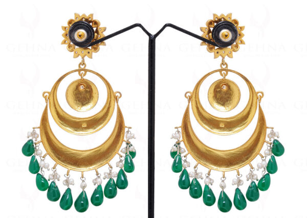 Pearl & Green Onyx Gemstone Enamel Work 925 Silver Chandelier Earrings Se031019