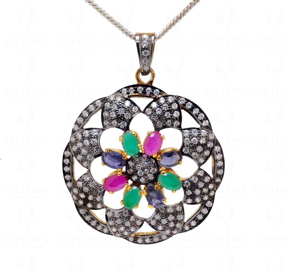 Emerald, Ruby, Sapphire Gemstone Studded 925 Sterling Silver Pendant Sp011020