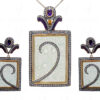 Amethyst Aquamarine Engraved Gemstone Pendant & Earrings In 925 Silver SP04-1020