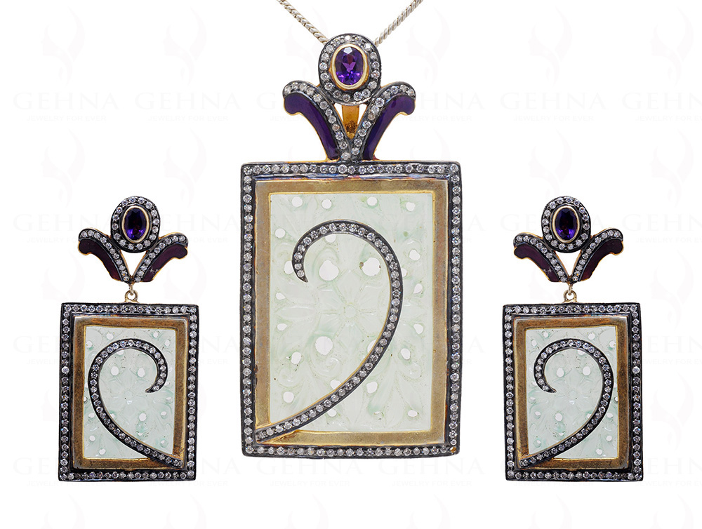 Amethyst Aquamarine Engraved Gemstone Pendant & Earrings In 925 Silver SP04-1020