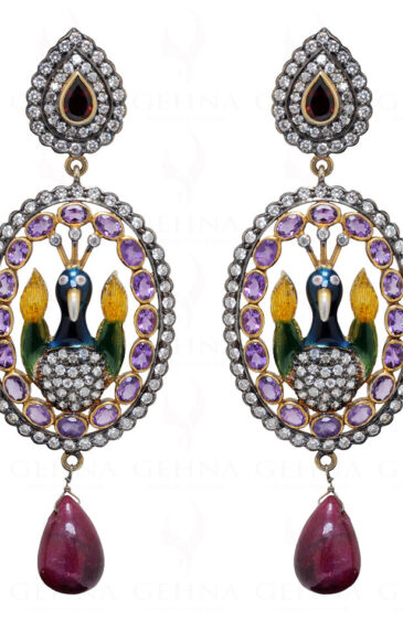 Garnet & Ruby Gemstone Knotted Enamel Peacock Work 925 Silver Earrings Se031021
