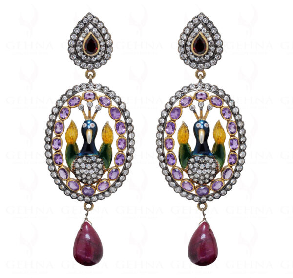 Garnet & Ruby Gemstone Knotted Enamel Peacock Work 925 Silver Earrings Se031021