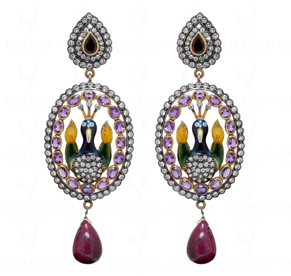Garnet & Ruby Gemstone Knotted Enamel Peacock Work 925 Silver Earrings Se031021
