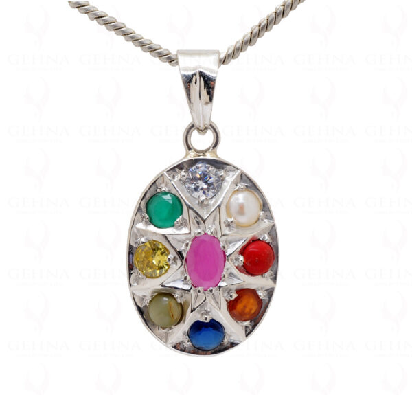 "Navratna" 9 Precious Gemstone Studded 925 Sterling Silver Pendant Sp011021