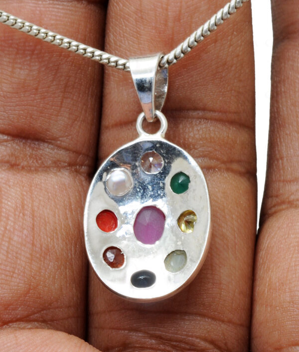 "Navratna" 9 Precious Gemstone Studded 925 Sterling Silver Pendant Sp011021