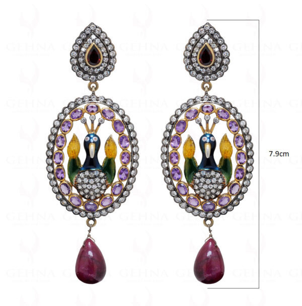 Garnet & Ruby Gemstone Knotted Enamel Peacock Work 925 Silver Earrings Se031021