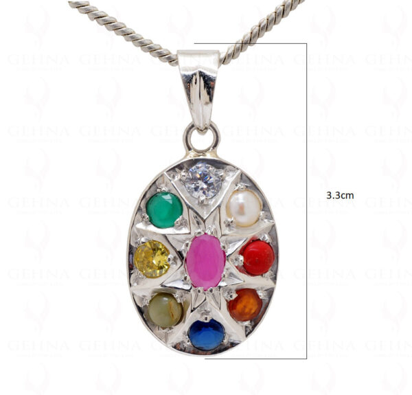 "Navratna" 9 Precious Gemstone Studded 925 Sterling Silver Pendant Sp011021