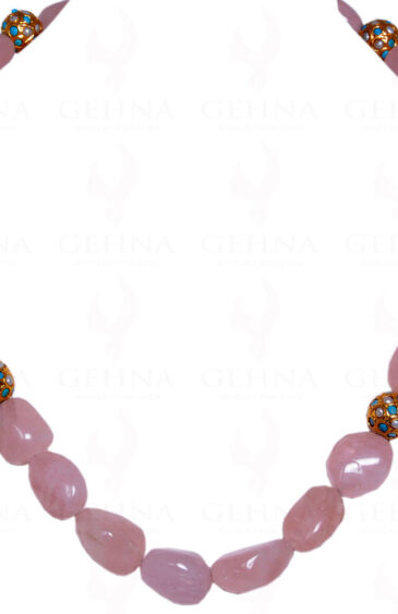 Rose Quartz Gemstone Bead With Pearl & Turquoise Studded Ball Ln011022