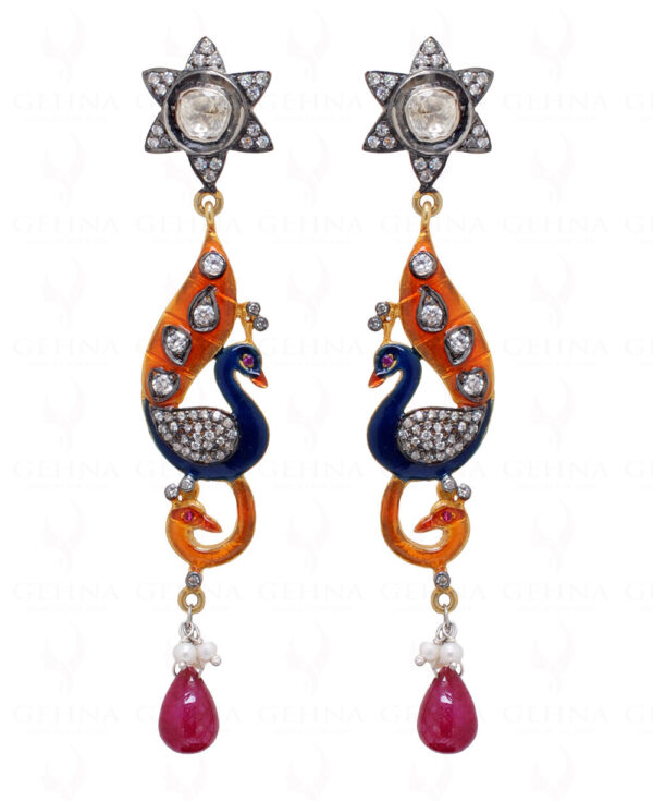 Peacock Theme Ruby & Topaz Studded Enamel Work 925 Silver Earrings Se031022