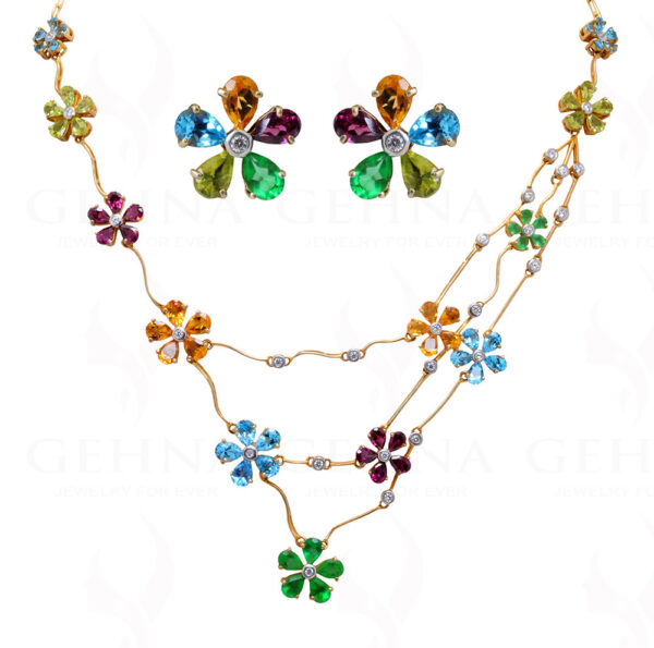 Citrine, Blue Topaz, Peridot, T-Savorite Gemstone Necklace In 925 Silver SN-1022