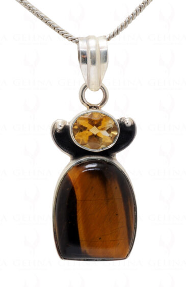 Citrine & Tiger Eye Gemstone Studded 925 Sterling Silver Pendant Sp031022