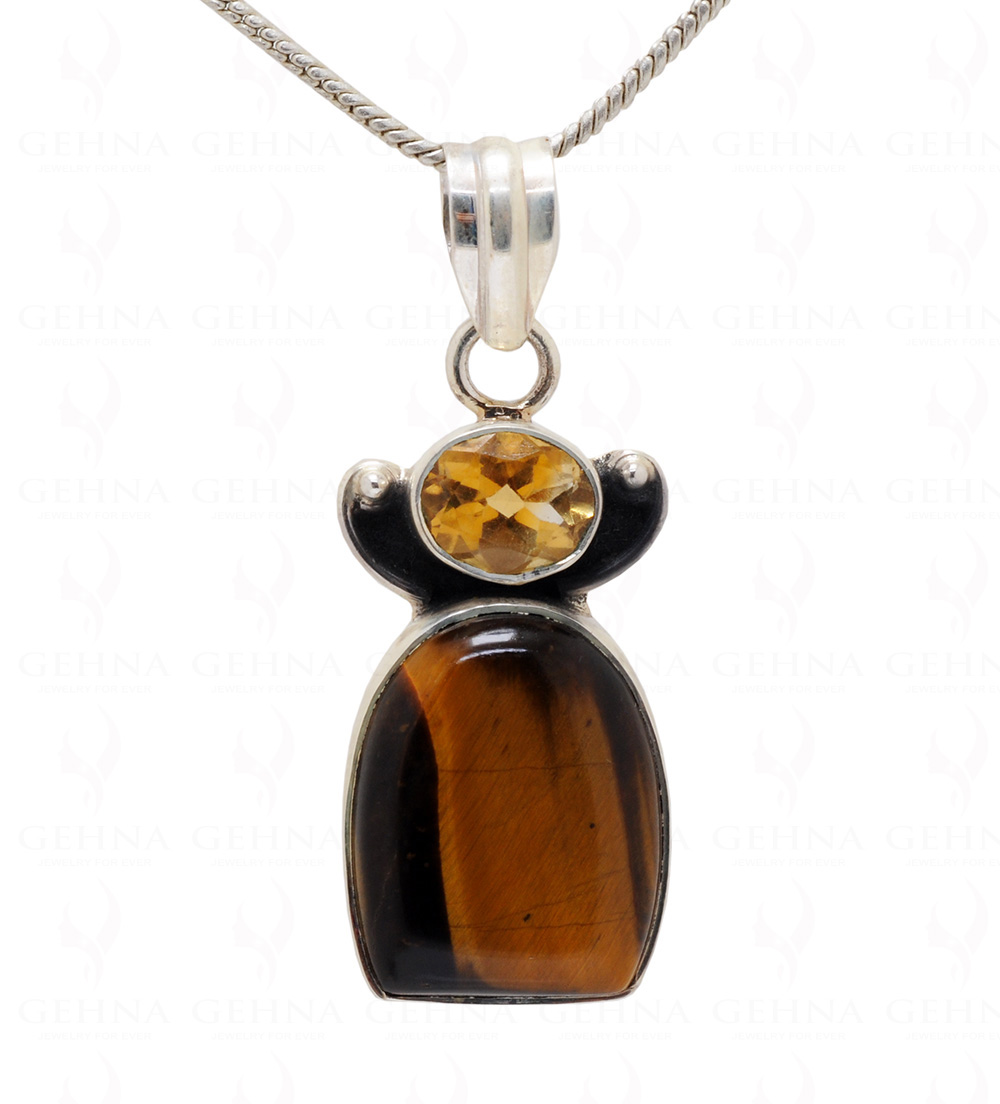 Citrine & Tiger Eye Gemstone Studded 925 Sterling Silver Pendant Sp031022