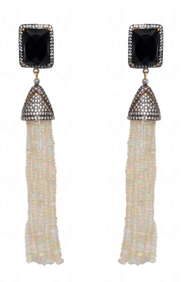 Black Spinel Studded Earring With Fire-Opal Gemstone Bead Tassels SE05-1023