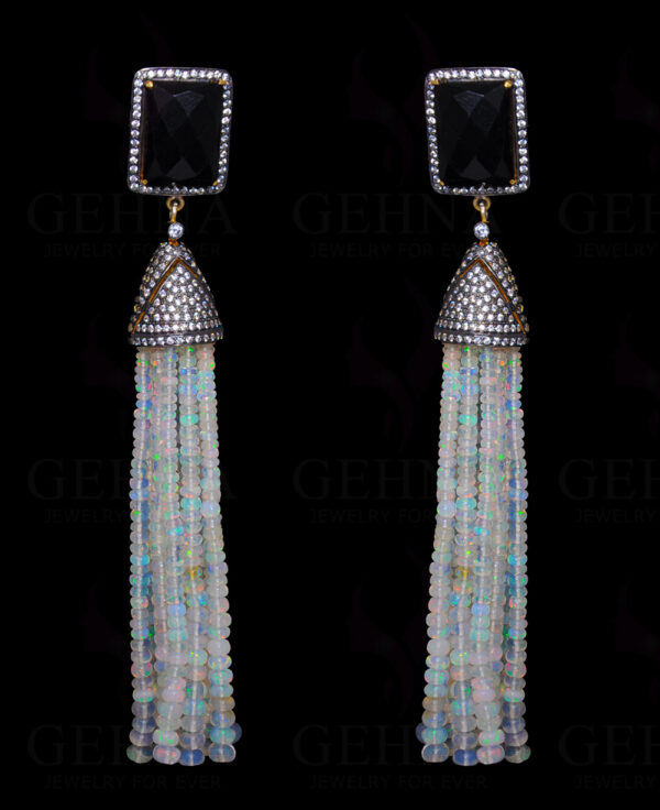 Black Spinel Studded Earring With Fire-Opal Gemstone Bead Tassels SE05-1023