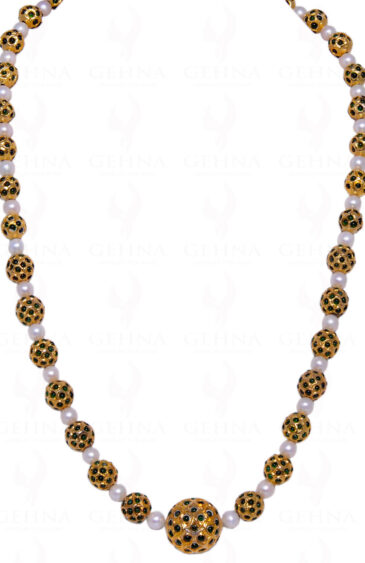 Pearl Bead With Emerald Color Stone Studded Jadau Ball Ln011025