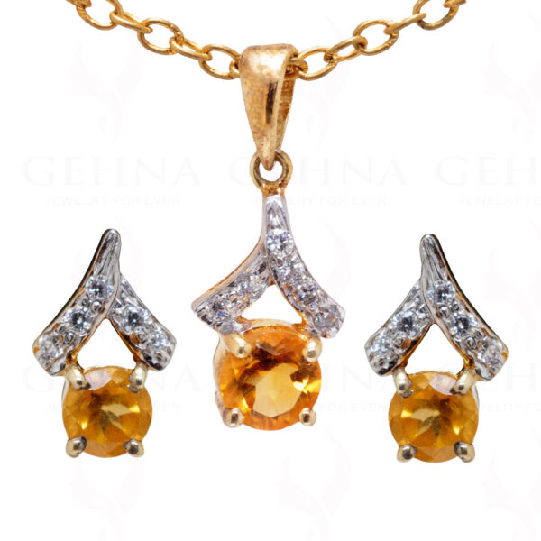 Citrine Gemstone Studded 925 Sterling Silver Pendant & Earring Set SP04-1027