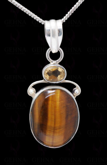 Tiger Eye & Citrine Gemstone Studded 925 Sterling Silver Pendant Sp031028