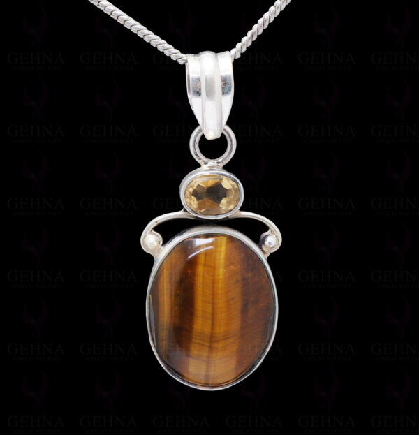 Tiger Eye & Citrine Gemstone Studded 925 Sterling Silver Pendant Sp031028