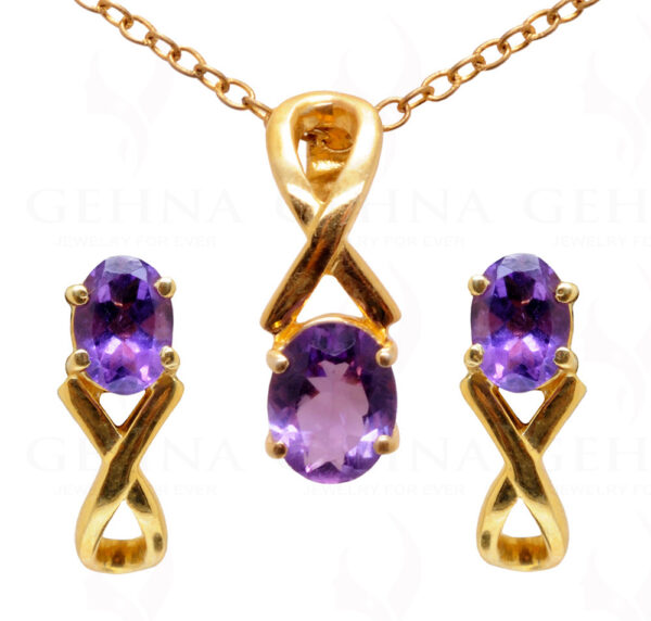 Amethyst Gemstone Studded 925 Sterling Silver Pendant & Earring Set SP04-1028